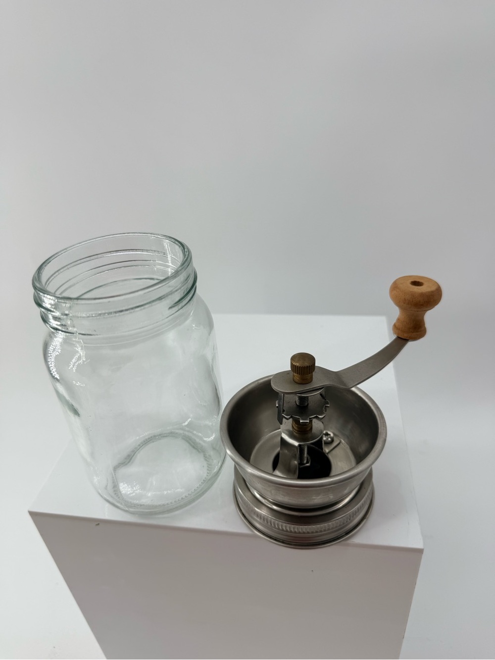 Manual Mason Jar Coffee Grinder with Silver Metal and Natural Wood Handle - Picture 3 of 4